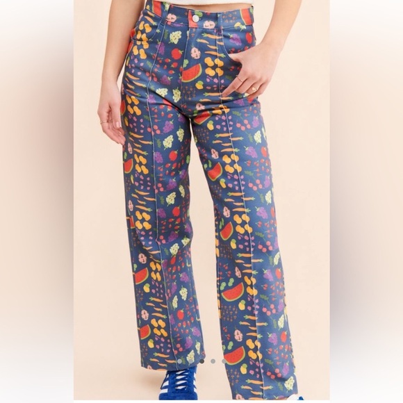 Lisa Says Gah Denim - Lisa Says Gah Blue Floral & Fruit Wide Leg Jeans